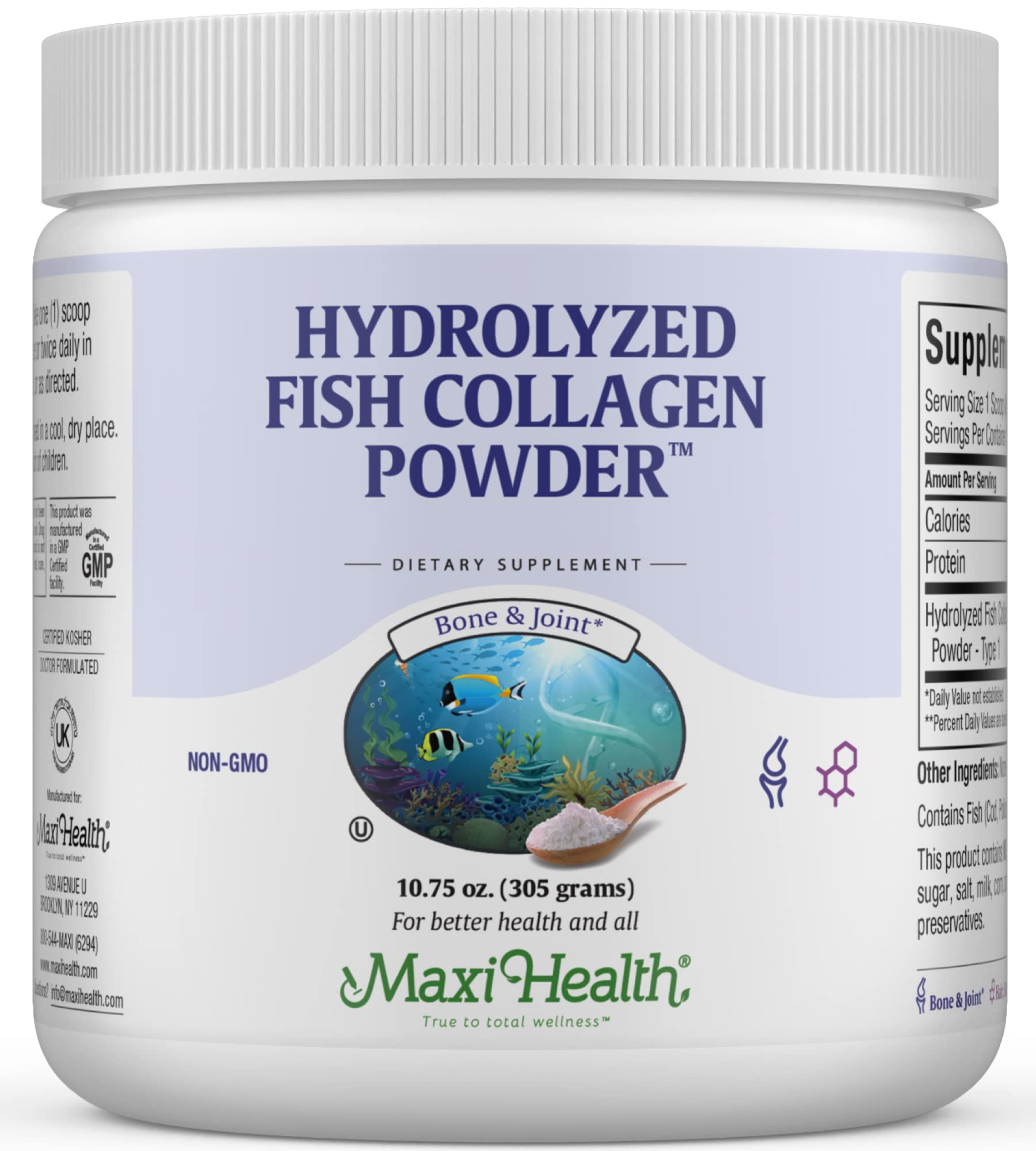 Maxi Health collagen peptides bottle front, marine Type I collagen for skin and joints