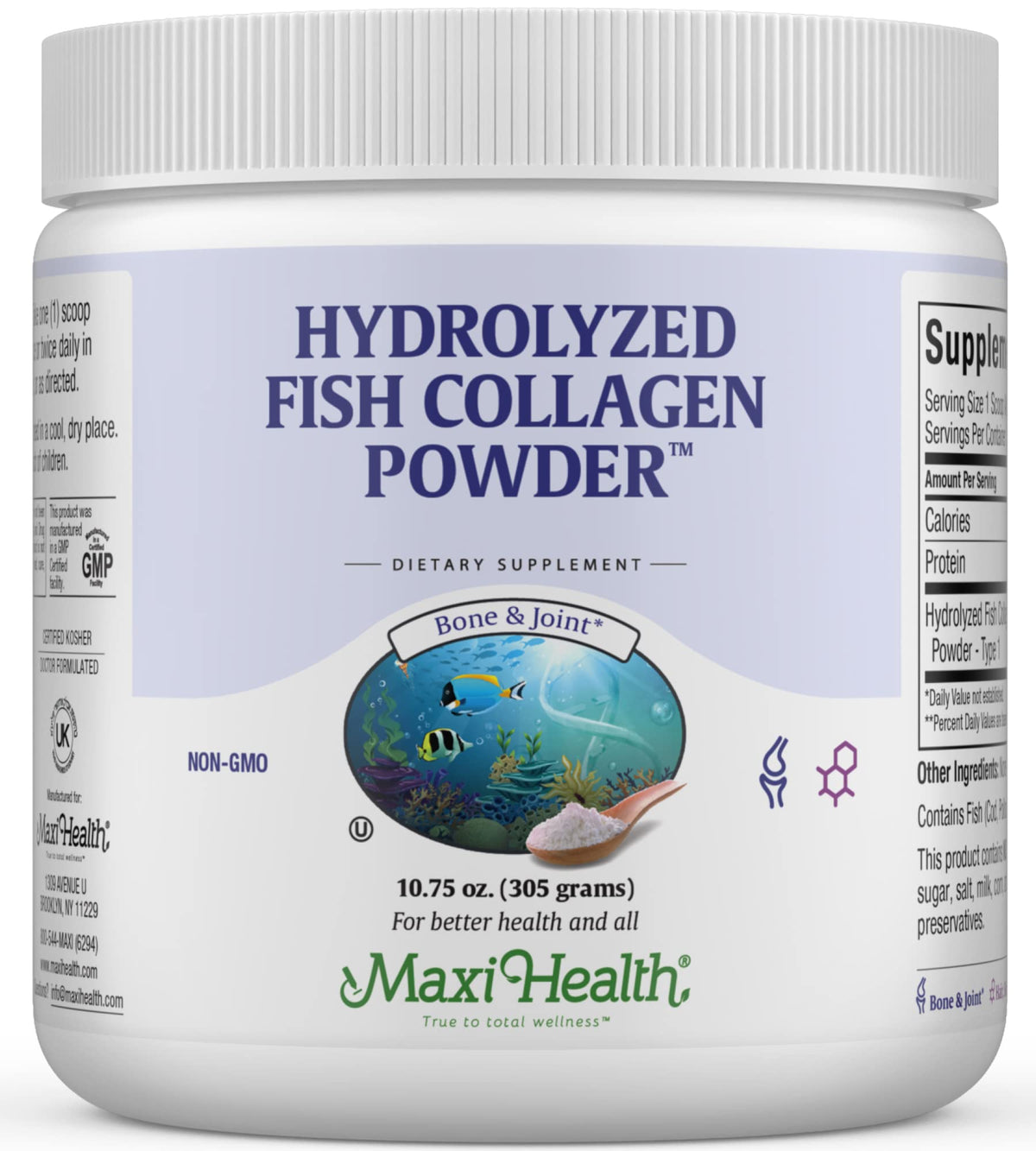 Maxi Health collagen peptides bottle front, marine Type I collagen for skin and joints