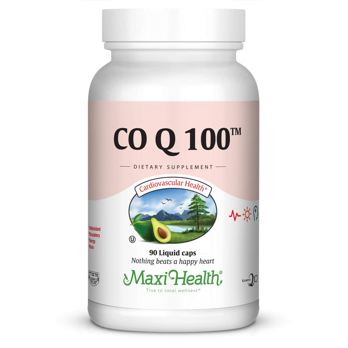 Maxi Health COQ10 100mg liquid caps bottle supports heart energy and circulation.