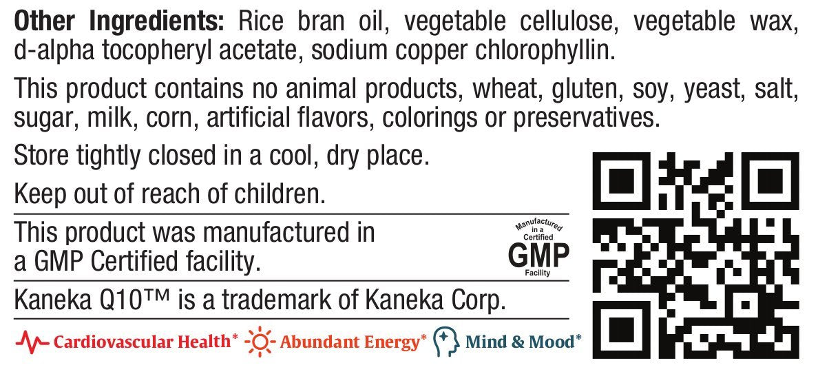 Maxi Health COQ10 100mg liquid caps label close-up with kosher and non-GMO verification.