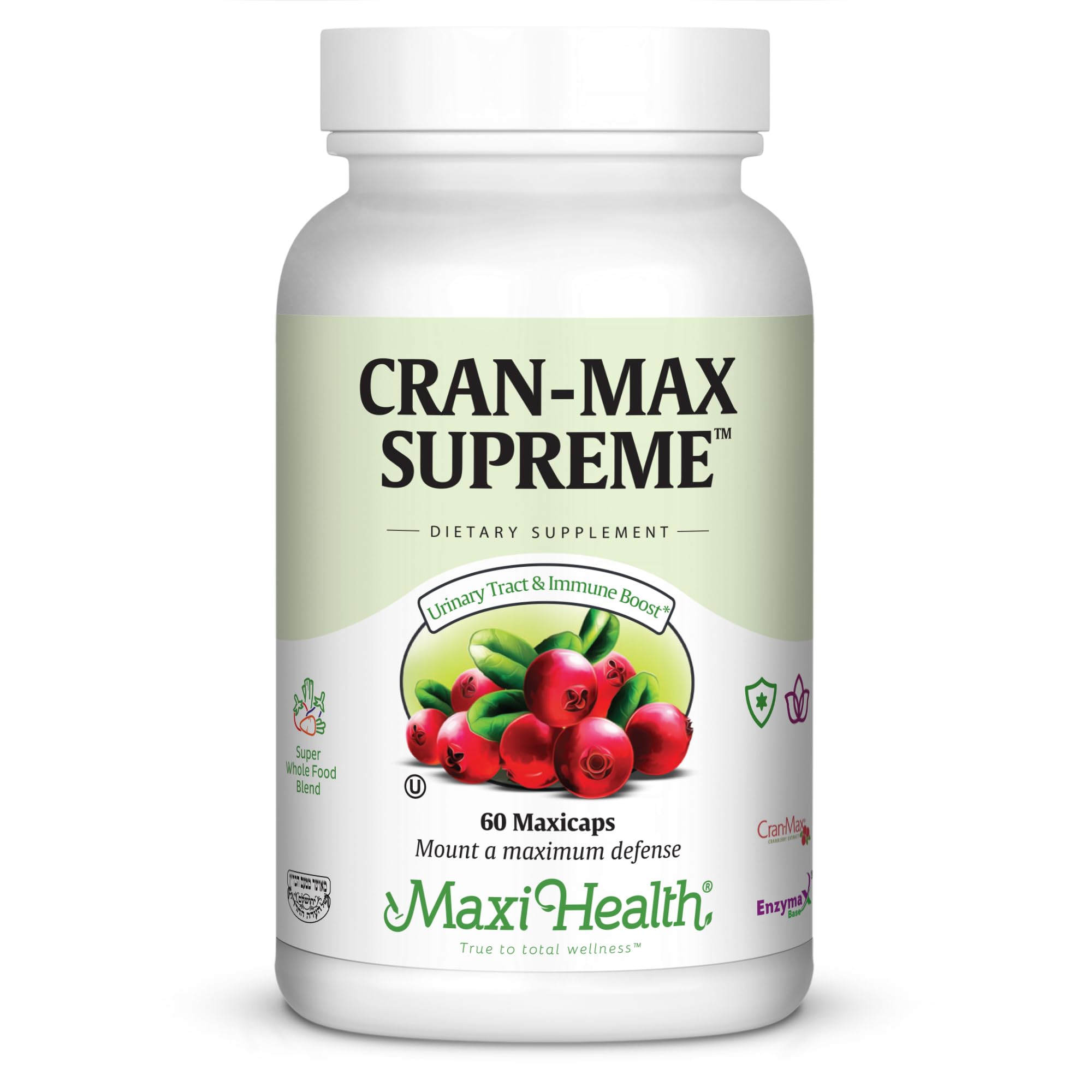 Maxi Health Cran-Max Supreme bottle showing urinary wellness benefits