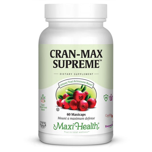 Maxi Health Cran-Max Supreme bottle showing urinary wellness benefits