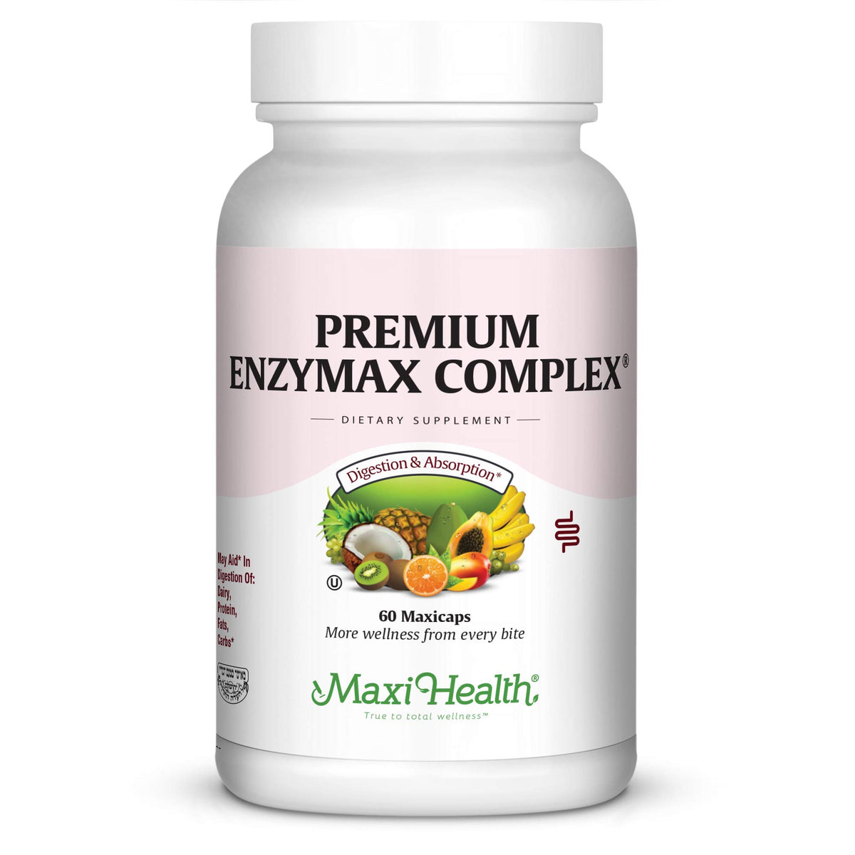 Maxi Health Enzymax bottle front with label highlighting digestive support.