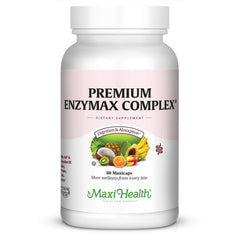 Maxi Health Enzymax bottle front with label highlighting digestive support.