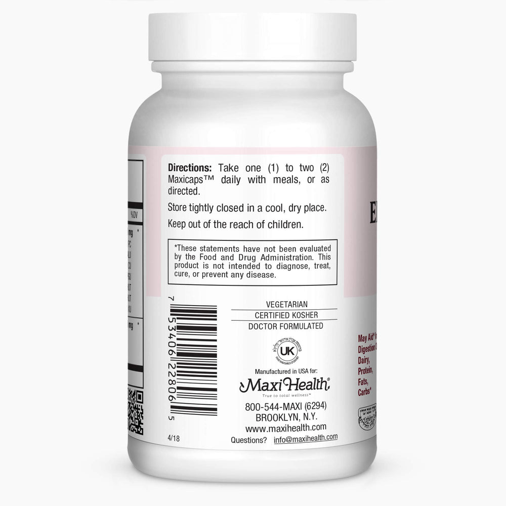 Maxi Health Enzymax ingredients label showing broad enzyme spectrum for better digestion.