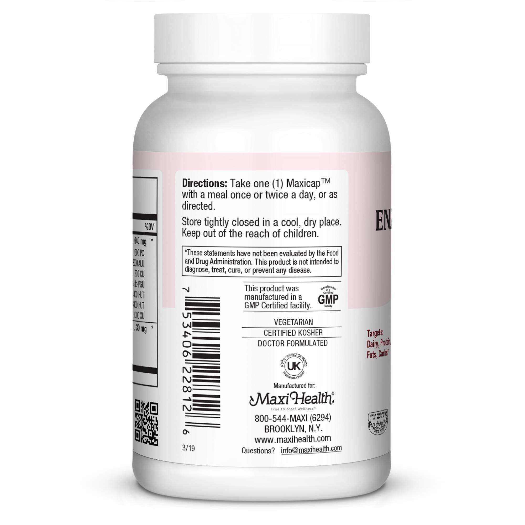 Maxi Health Enzymax label details highlight non-GMO and kosher certifications