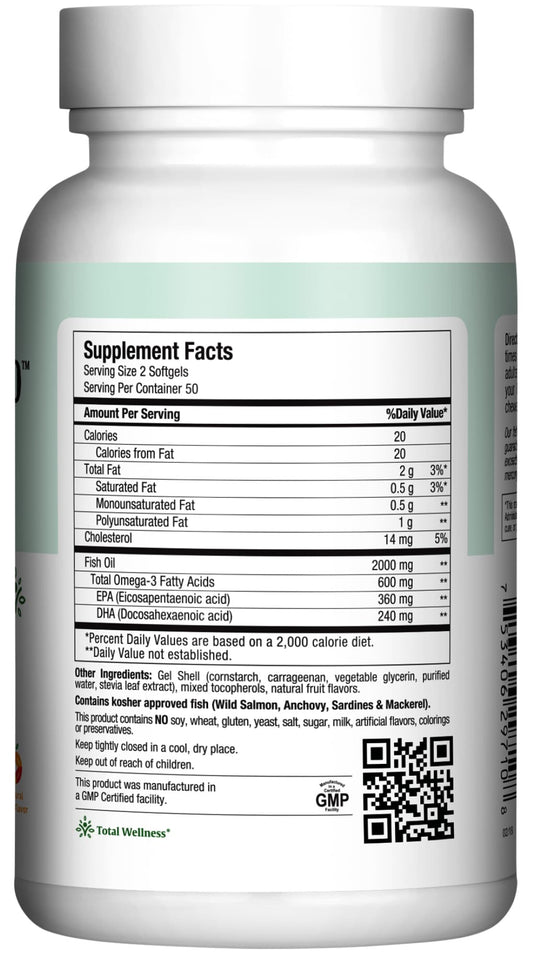 Label highlights EPA and DHA per serving for heart and brain support.
