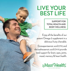 Detail of Maxi Health Omega-3 EPA and DHA on packaging.