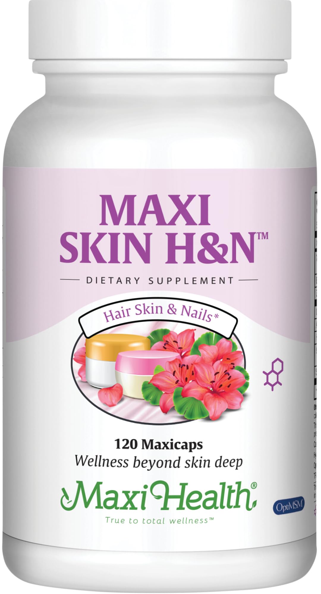 Maxi Health hair skin nails vitamins bottle highlights formula for hair vitality.