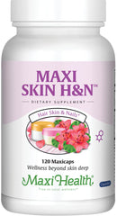 Maxi Health hair skin nails vitamins bottle highlights formula for hair vitality.