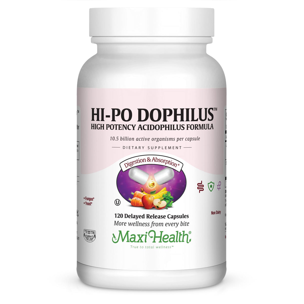 Maxi Health Hi-Po Dophilus bottle shows 120 vegetarian capsules for daily digestive support.