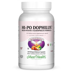 Maxi Health Hi-Po Dophilus bottle shows 120 vegetarian capsules for daily digestive support.