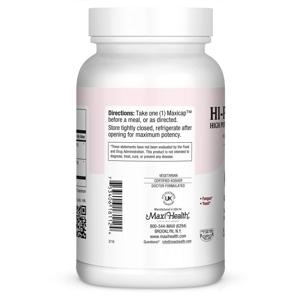 Maxi Health Hi-Po Dophilus packaging emphasizes kosher, vegan, and dairy-free formulation.
