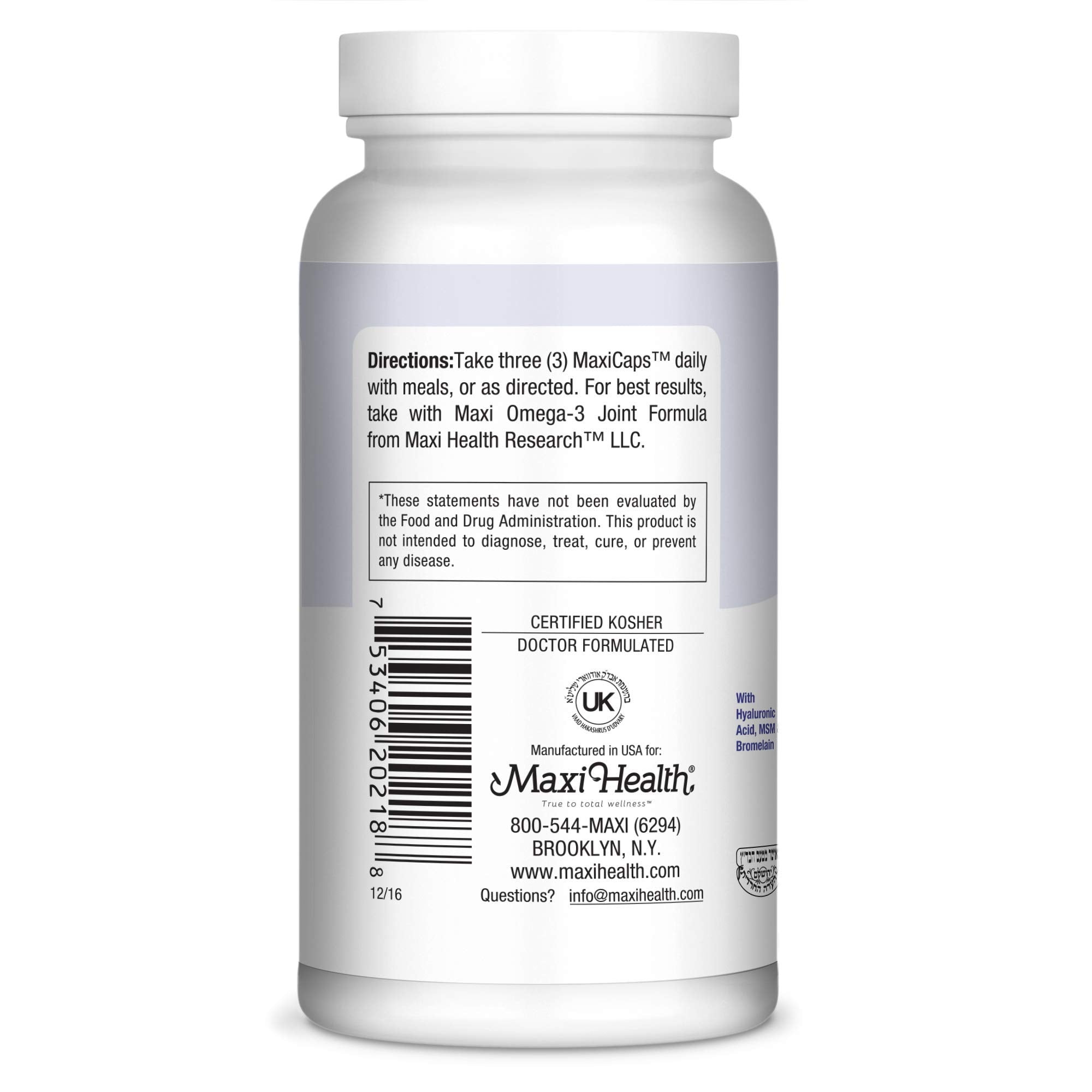 Maxi Health Hyaluronic Acid Bromelain ingredients promoting cartilage lubrication.