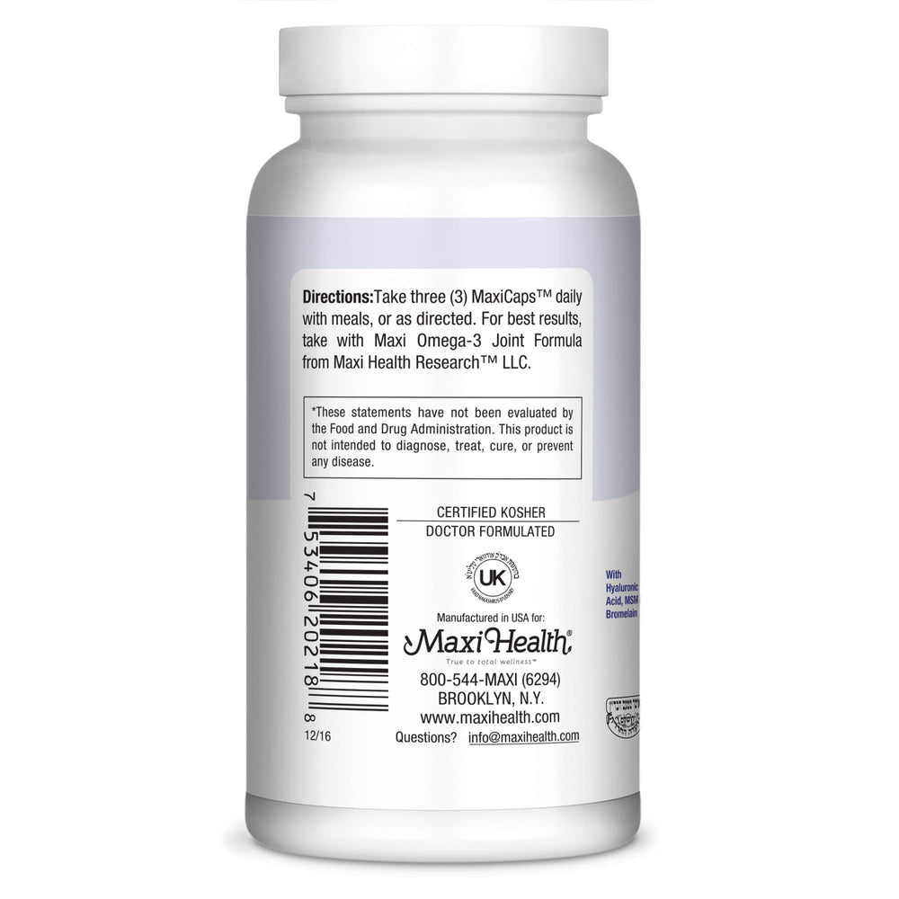 Maxi Health Hyaluronic Acid Bromelain ingredients promoting cartilage lubrication.