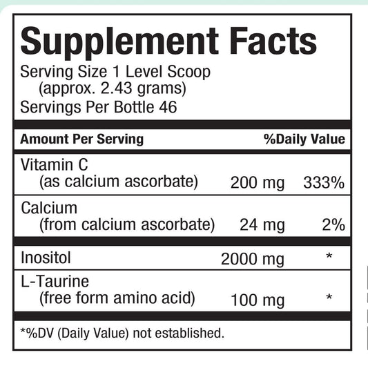Maxi Health Inositol powder with scoop ready to mix.