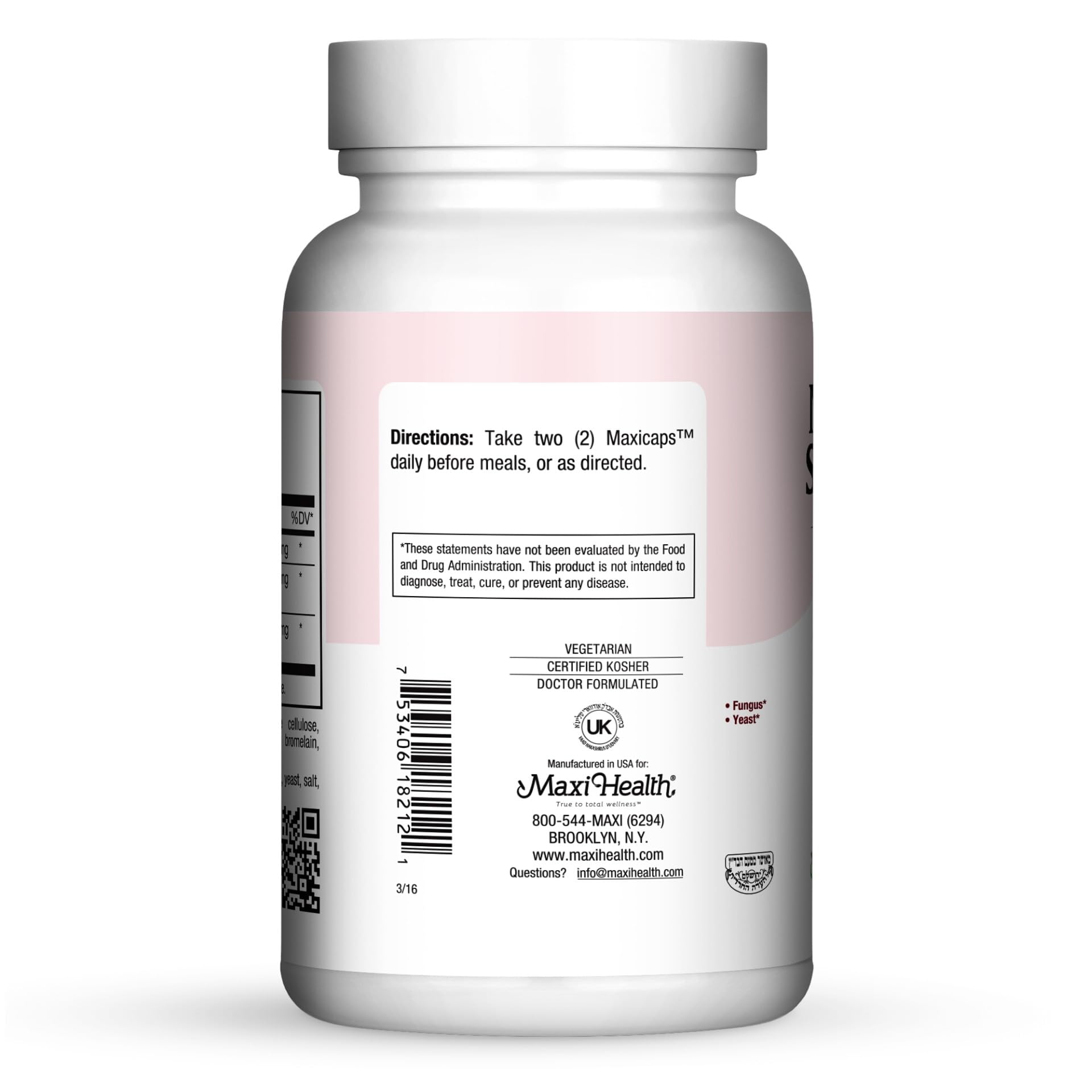 Maxi Health probiotic bottle with Kosher certification badge and purity emphasis