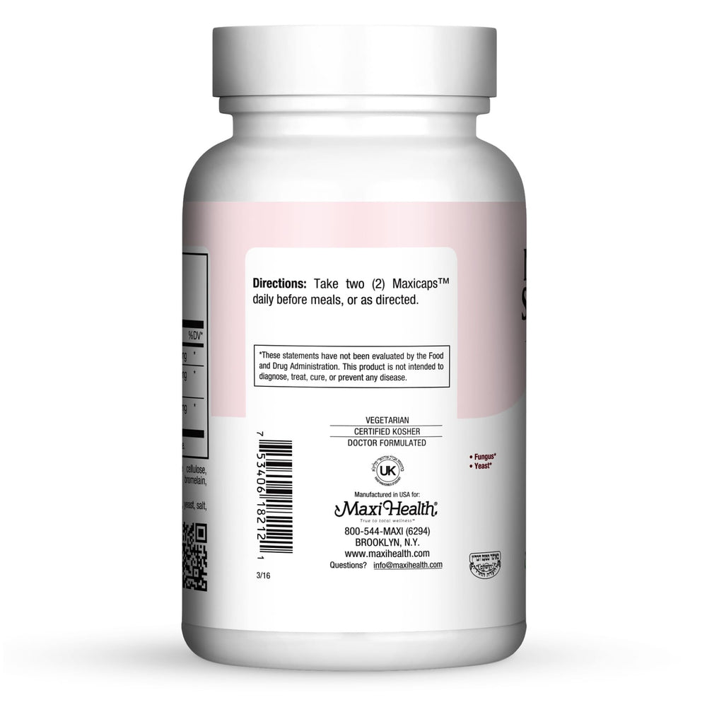 Maxi Health probiotic bottle with Kosher certification badge and purity emphasis