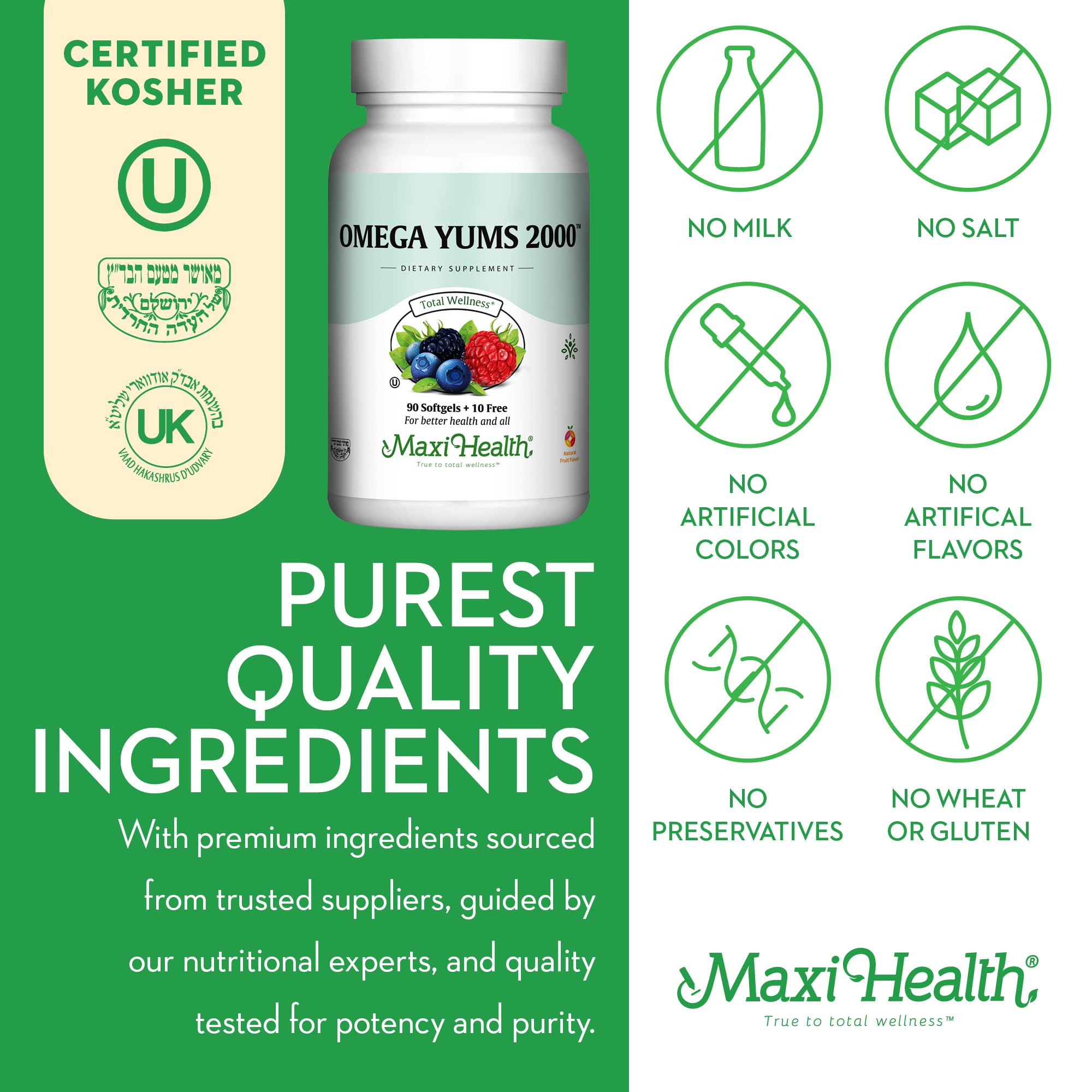 Kosher certification seals on Maxi Health packaging.