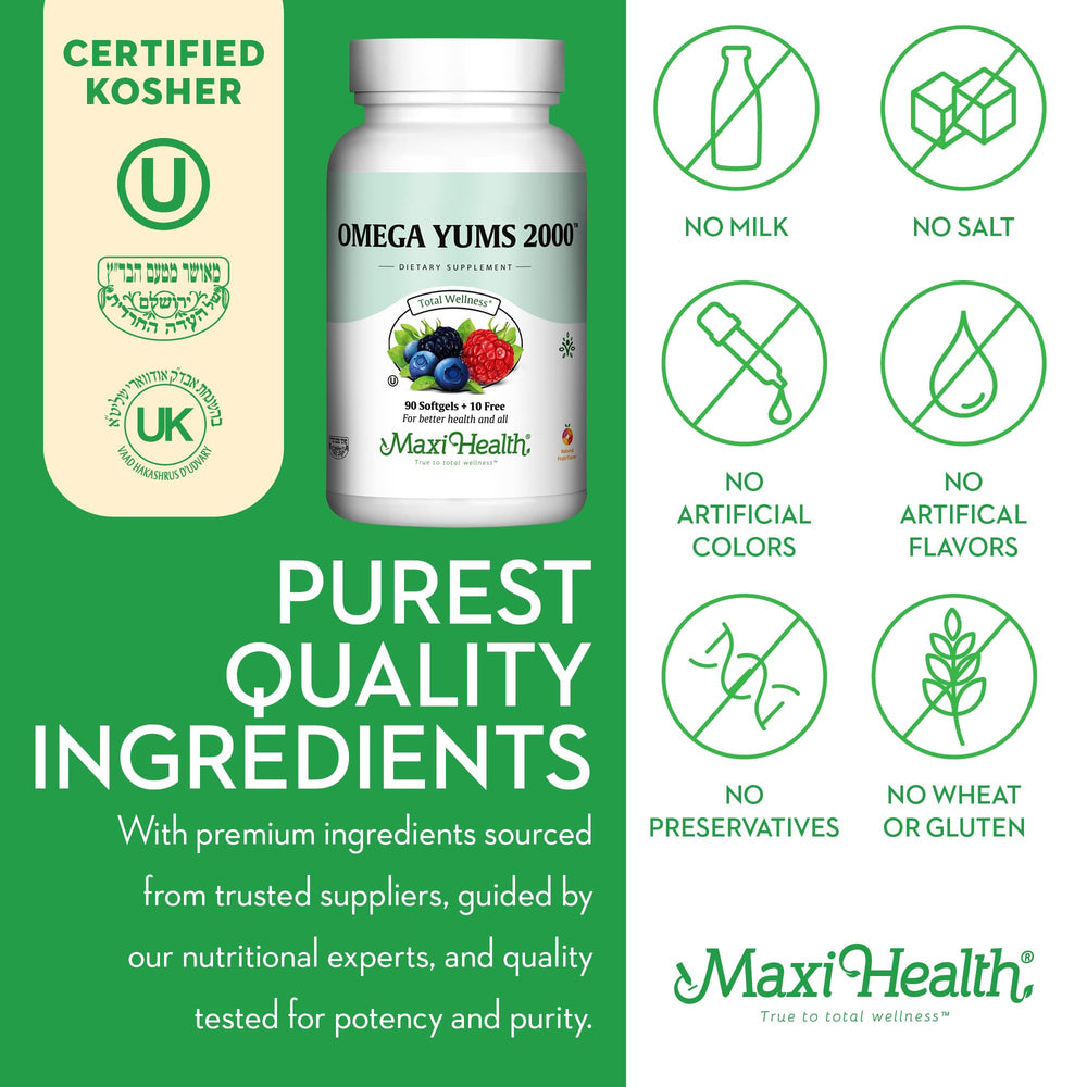 Kosher certification seals on Maxi Health packaging.