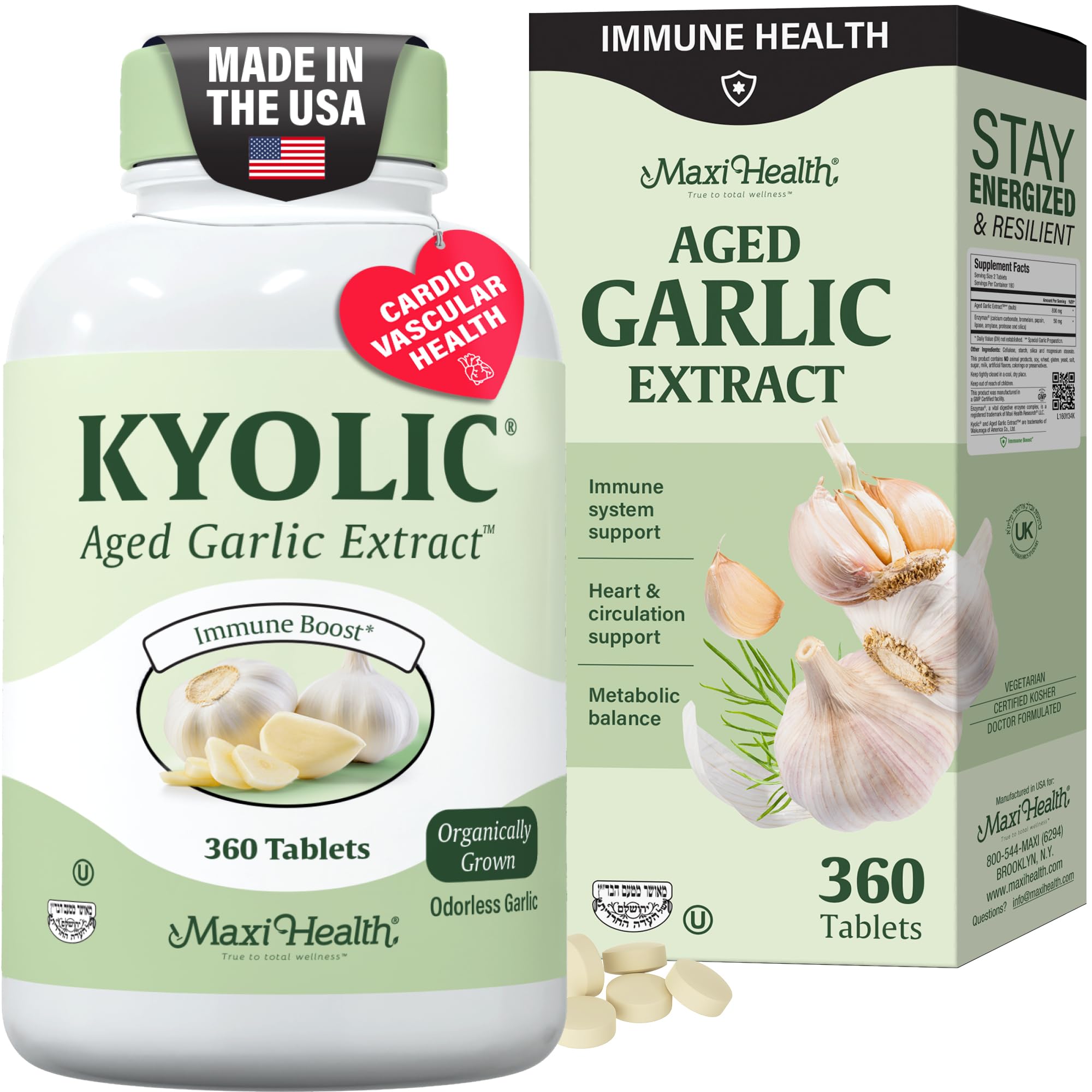 Maxi Health Kyolic garlic bottle label highlights organic, aged garlic extract for immune support