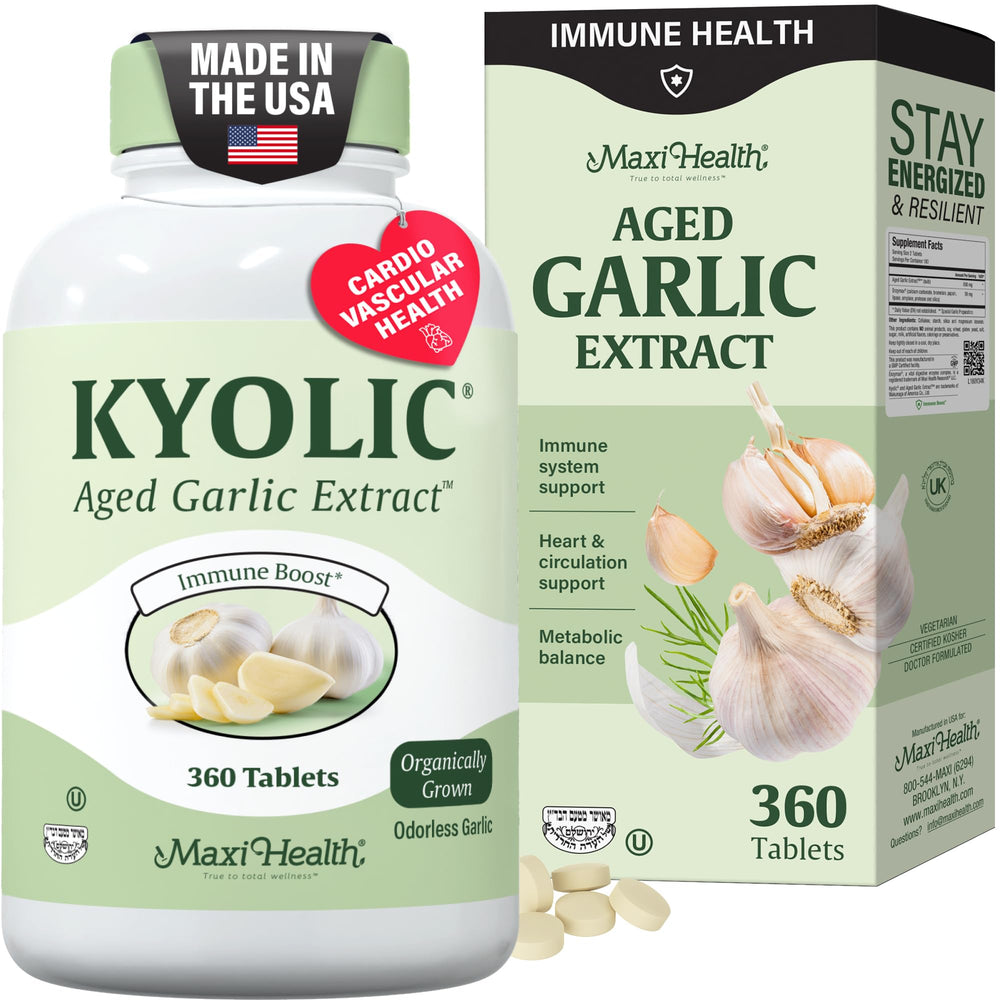 Maxi Health Kyolic garlic bottle label highlights organic, aged garlic extract for immune support