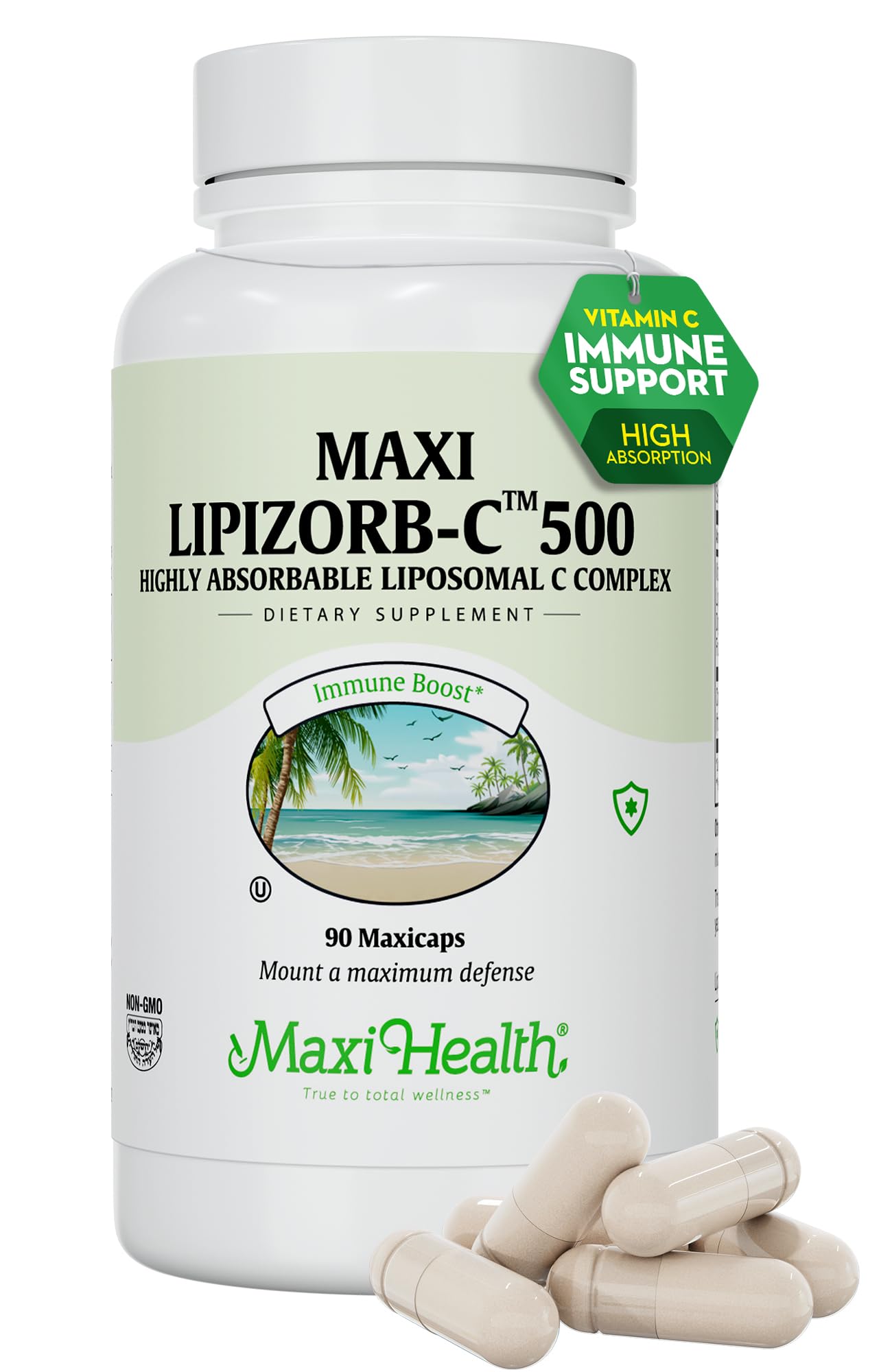 Maxi Health Lipizorb-C bottle showing 500mg capsules for immune support.