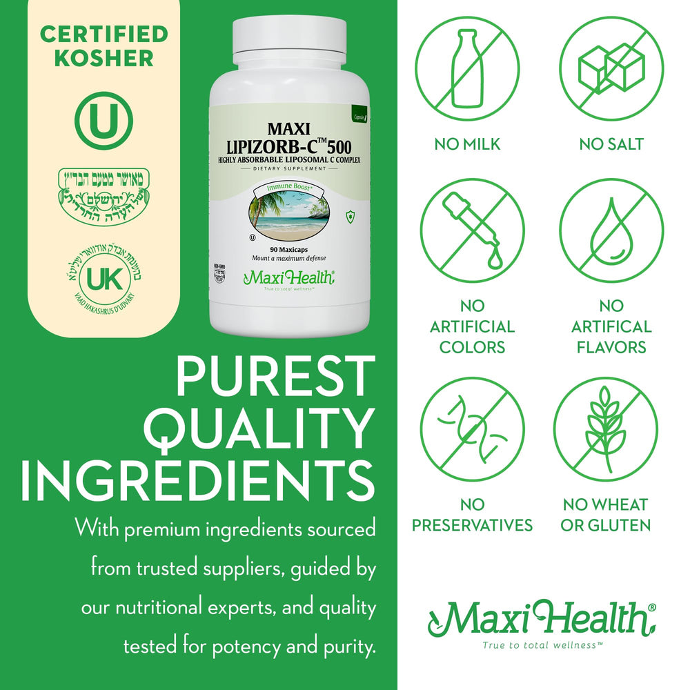 Vegetarian Maxi Health Lipizorb-C capsules displayed with digestive blend text.