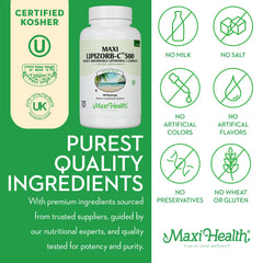 Vegetarian Maxi Health Lipizorb-C capsules displayed with digestive blend text.