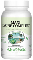 Maxi Health Lysine Complex bottle showing capsules for protein support and immune function