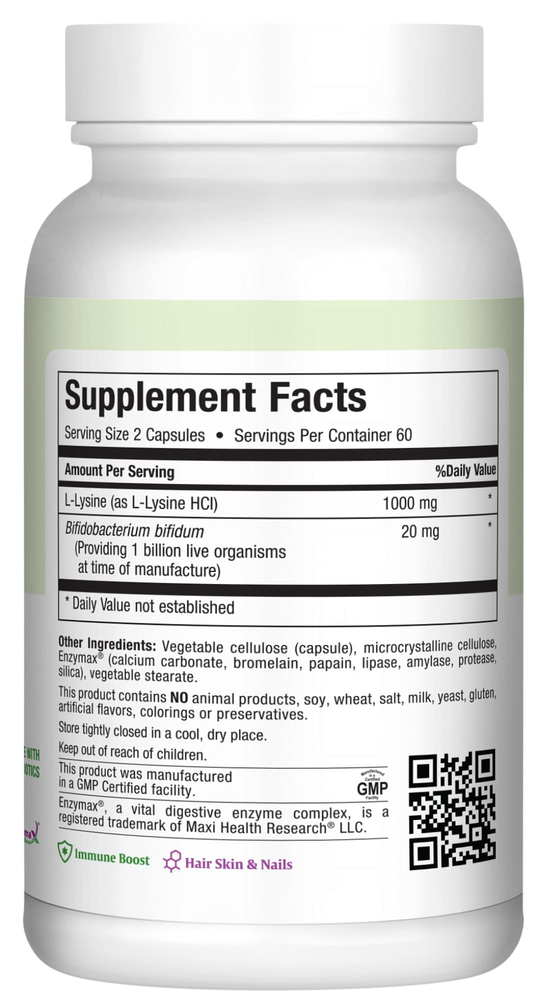 Close-up of Maxi Health Lysine Complex capsules for targeted amino acid intake