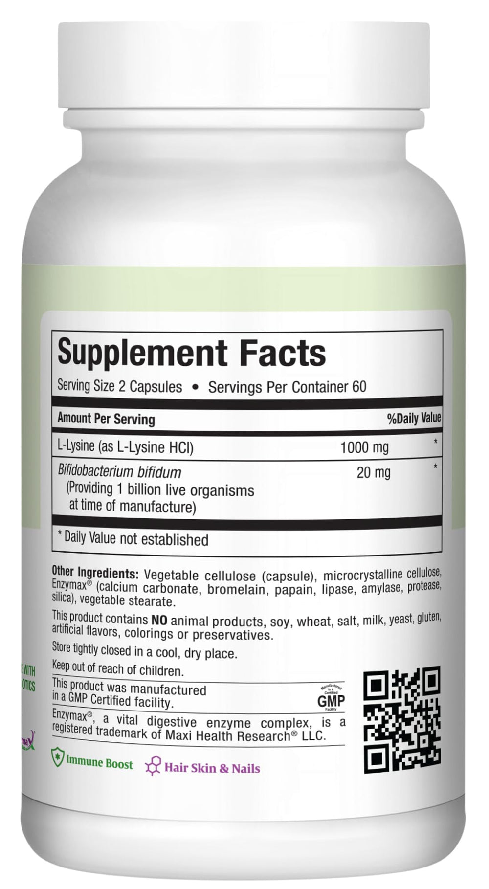 Close-up of Maxi Health Lysine Complex capsules for targeted amino acid intake