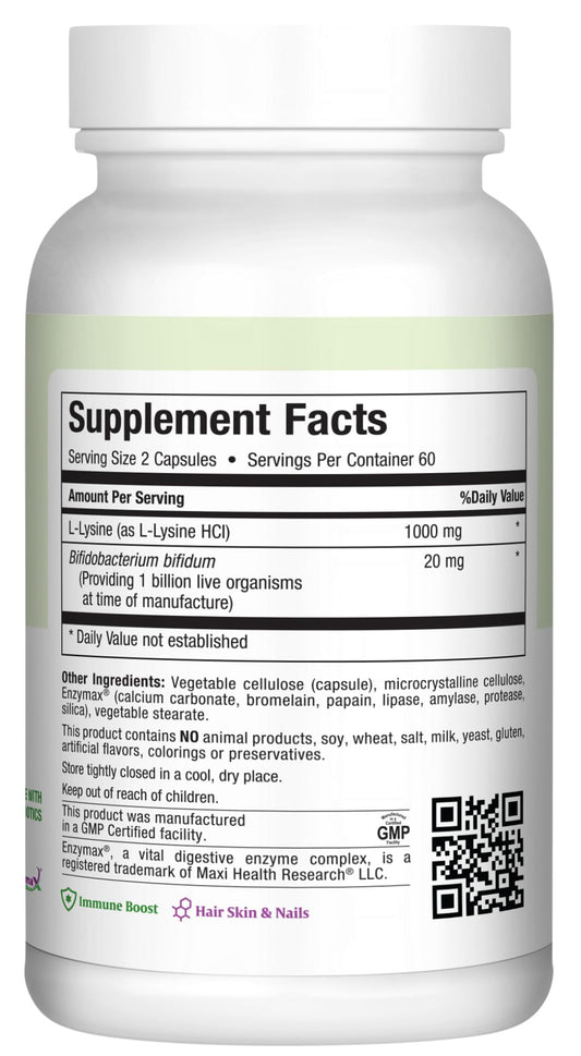 Close-up of Maxi Health Lysine Complex capsules for targeted amino acid intake