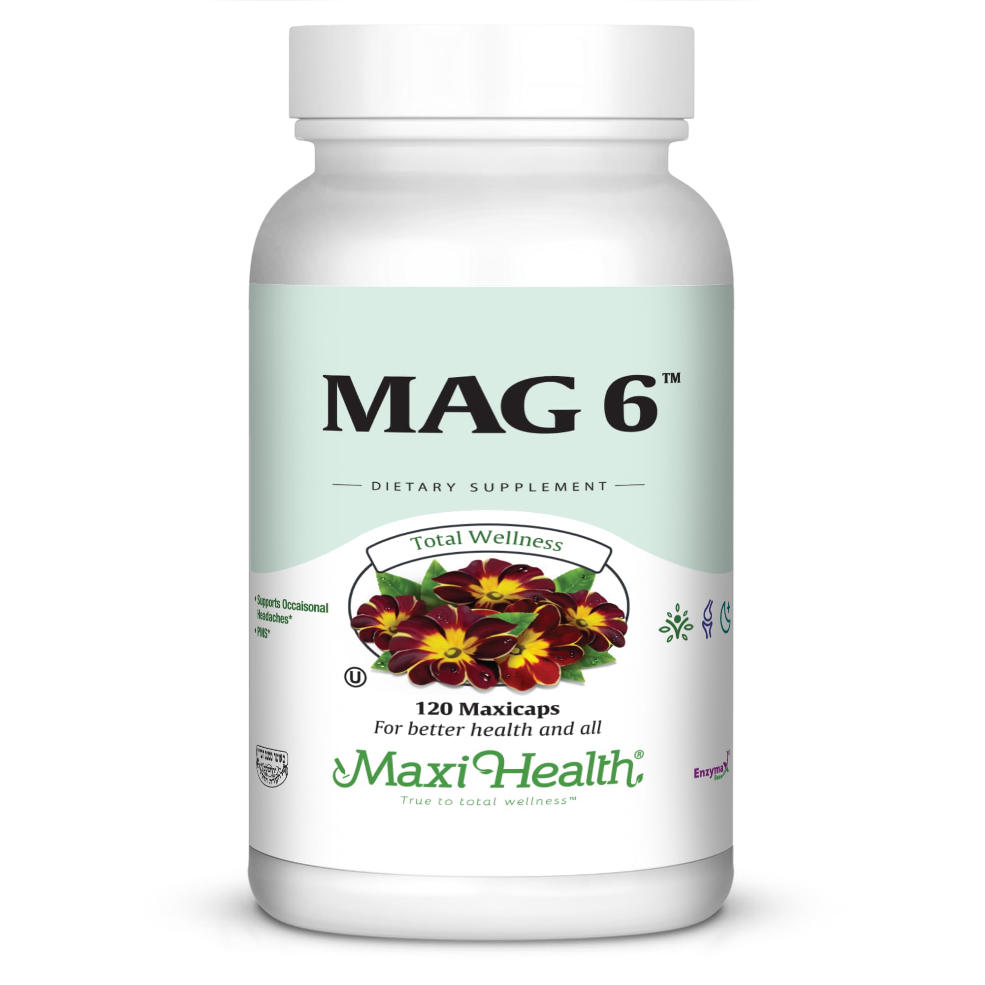 Maxi Health MAG 6 bottle close-up showing the supplement details and clean label