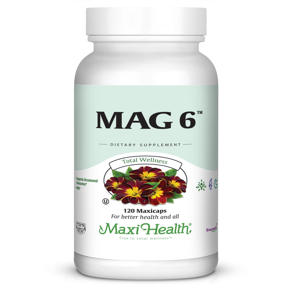 Maxi Health MAG 6 bottle close-up showing the supplement details and clean label