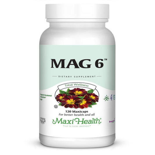 Maxi Health MAG 6 bottle close-up showing the supplement details and clean label