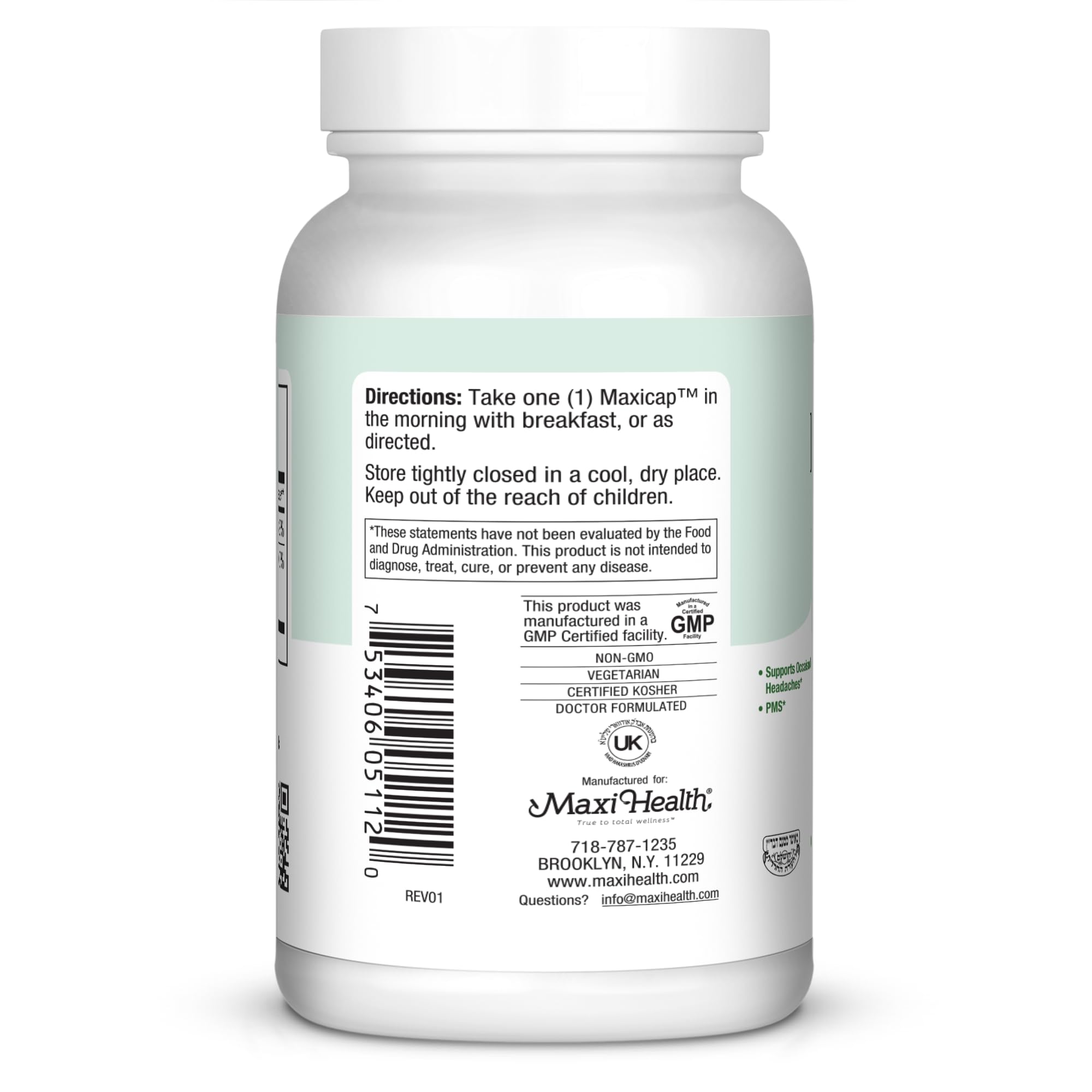 Close-up of Maxi Health MAG 6 label highlighting kosher and gluten-free features
