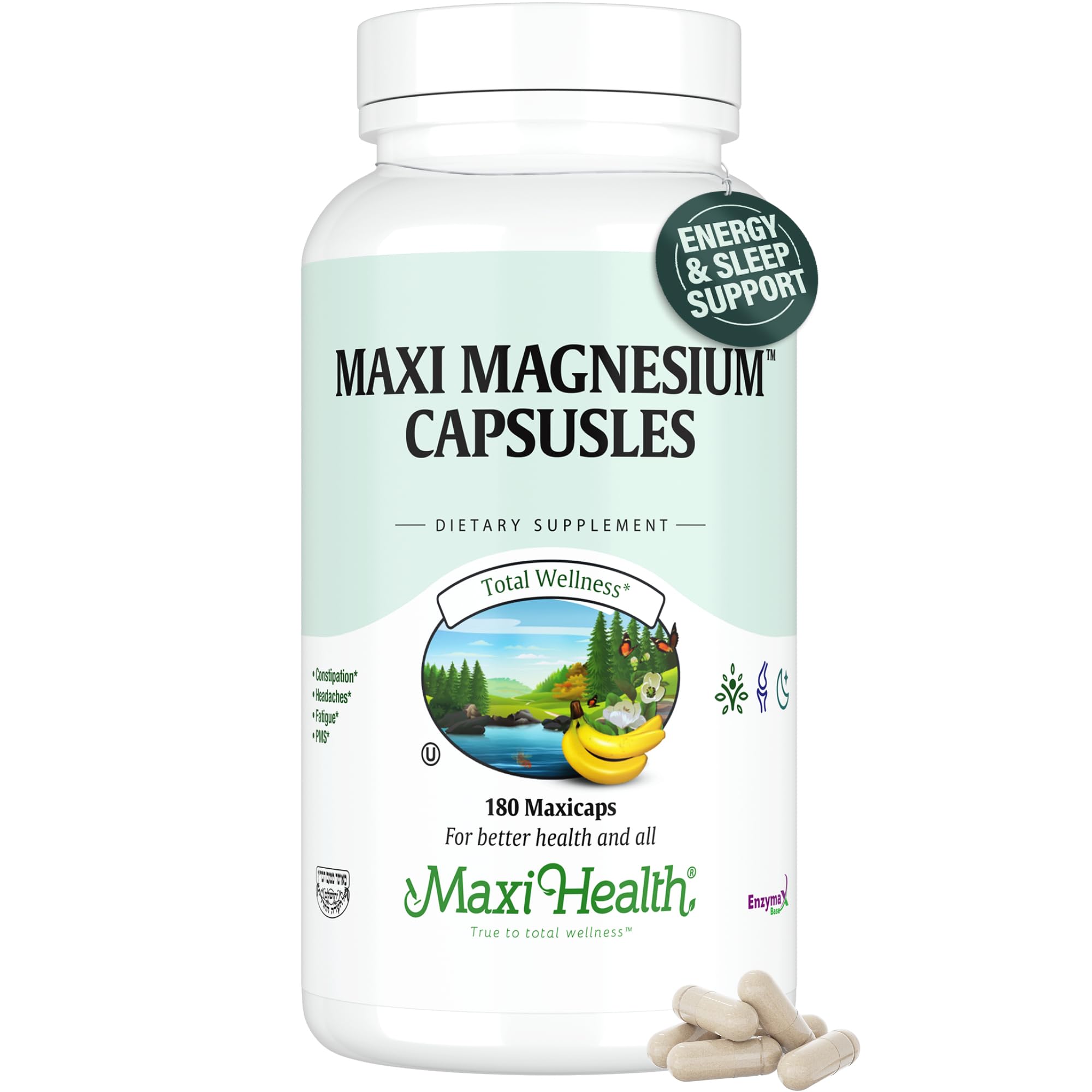 Maxi Health Magnesium Complex bottle promotes daily mineral intake for energy and bone support.