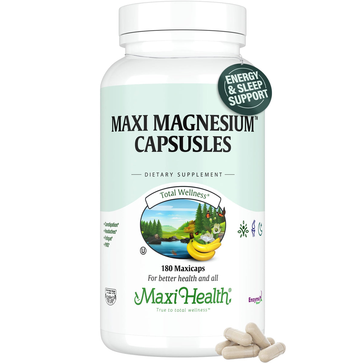Maxi Health Magnesium Complex bottle promotes daily mineral intake for energy and bone support.