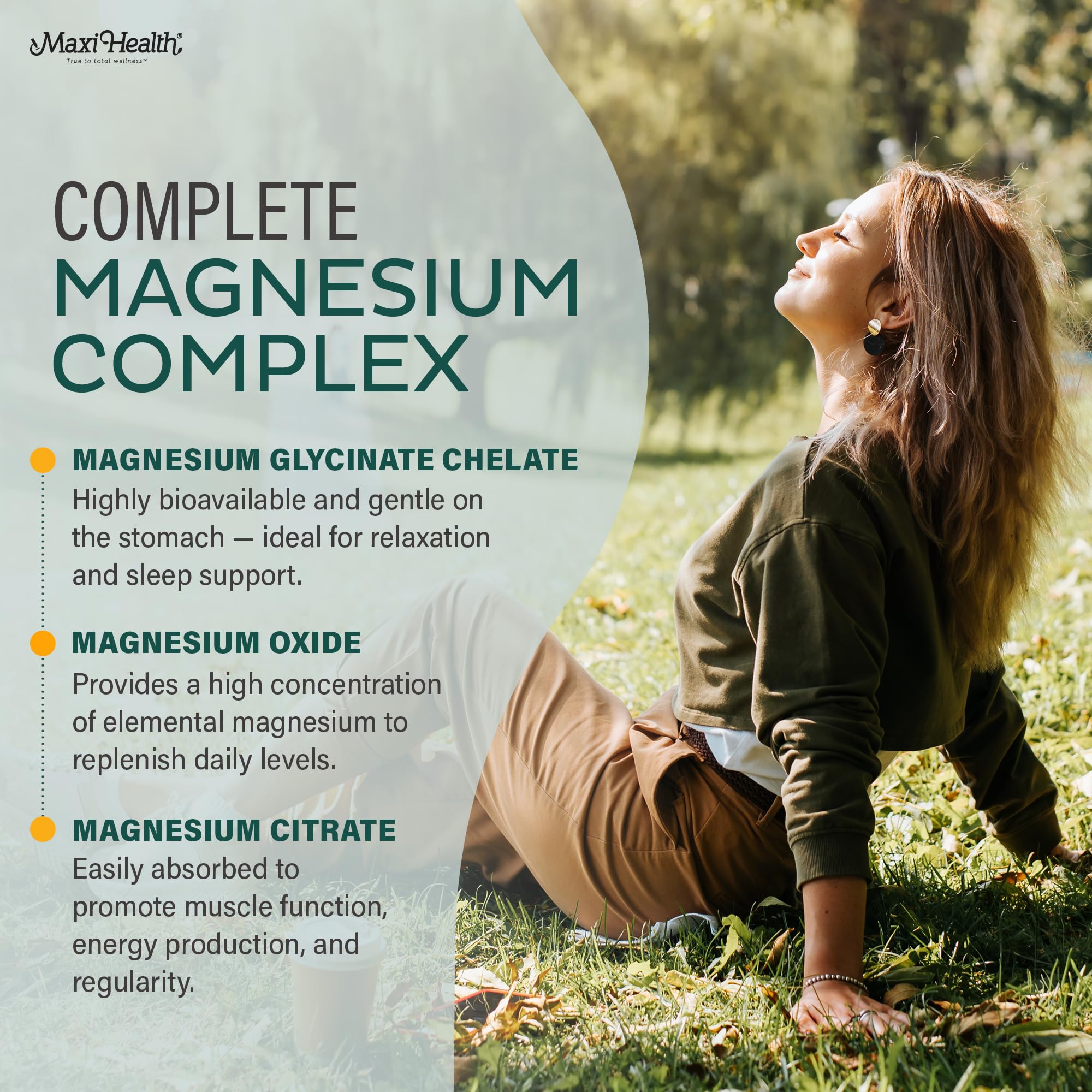 Maxi Health Magnesium Glycinate capsules highlight chelated magnesium absorption.