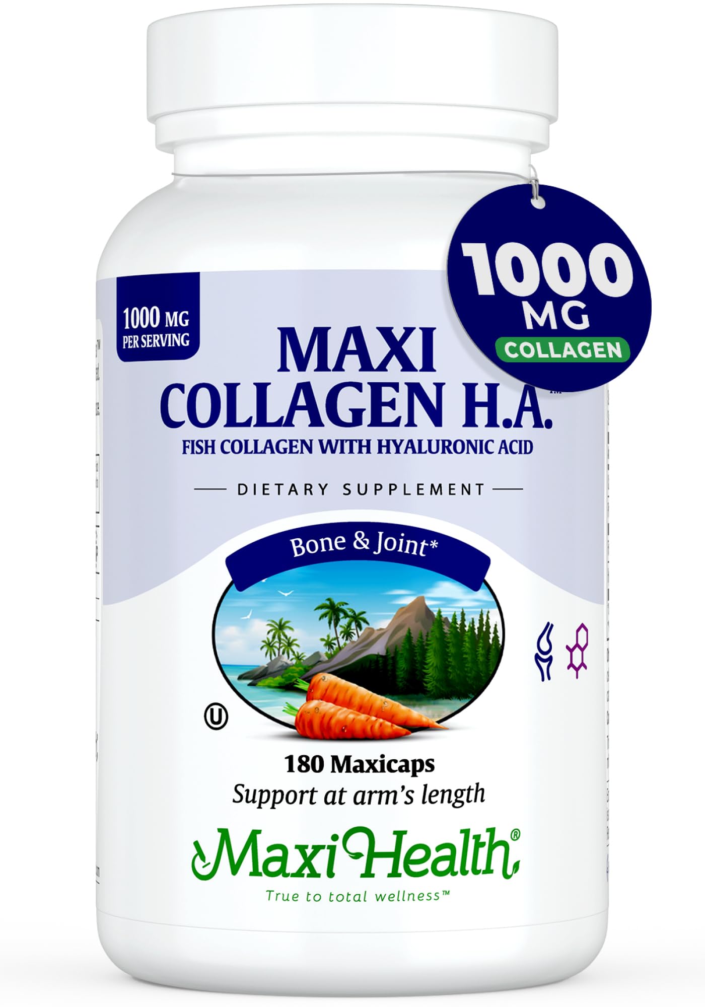 Maxi Health Marine Collagen Pills bottle with 1000 mg for joint support