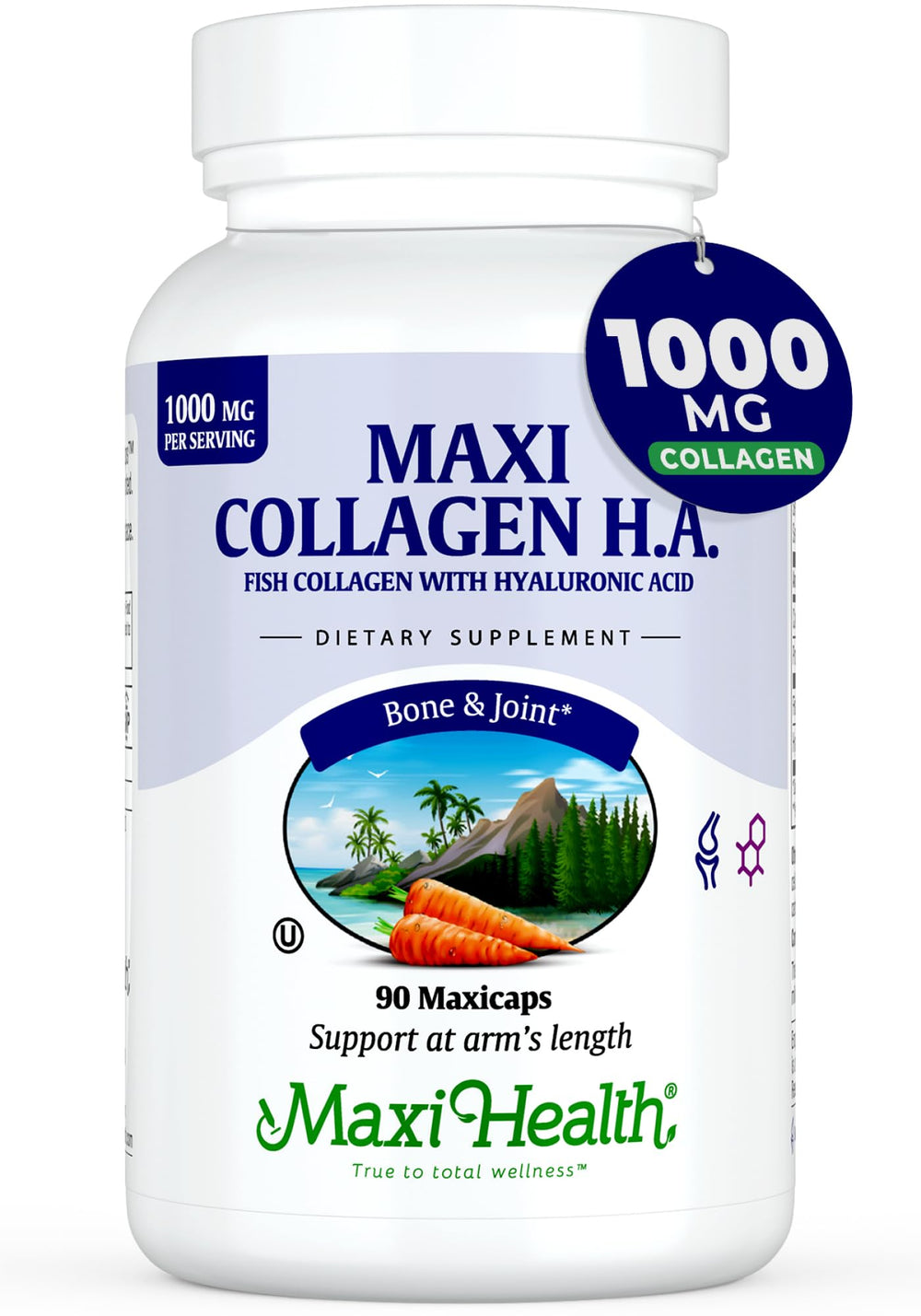 Maxi Health Marine Collagen Pills bottle shows joint support and skin benefits.