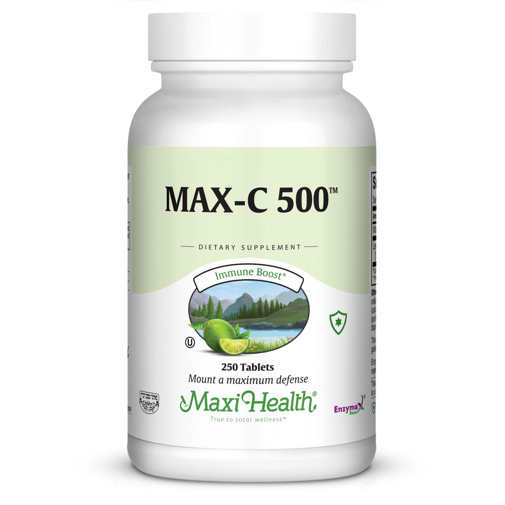 Maxi Health Max-C 500 bottle-front view shows 500 mg vitamin C per tablet for daily immune support