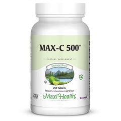 Maxi Health Max-C 500 bottle-front view shows 500 mg vitamin C per tablet for daily immune support
