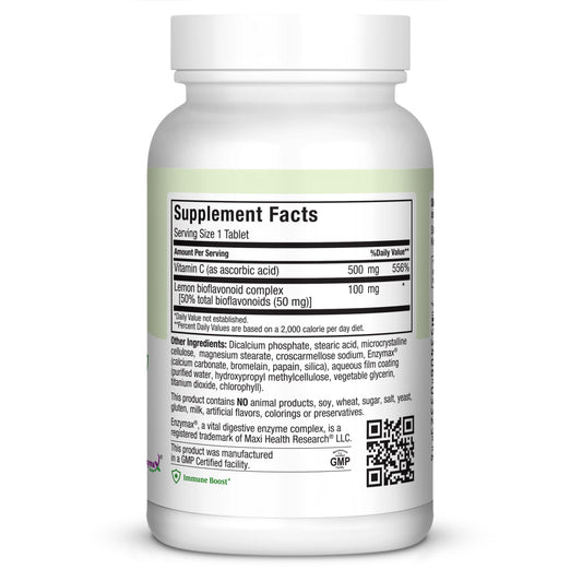 Maxi Health Max-C 500 bottle-label featuring lemon bioflavonoids complex