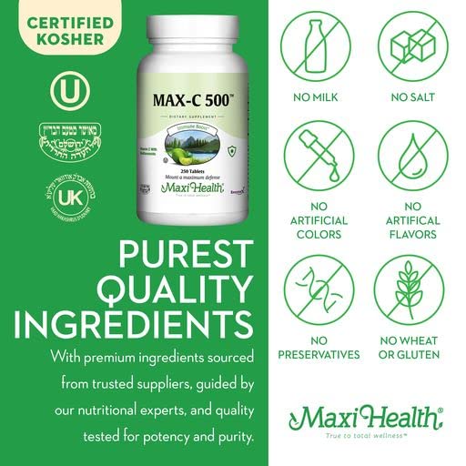 Maxi Health Max-C 500 Made in USA badge and GMP facility icon