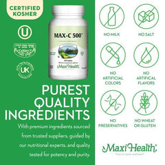 Maxi Health Max-C 500 Made in USA badge and GMP facility icon