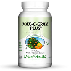 Maxi Health Max C Gram Plus bottle shown for everyday immune support.