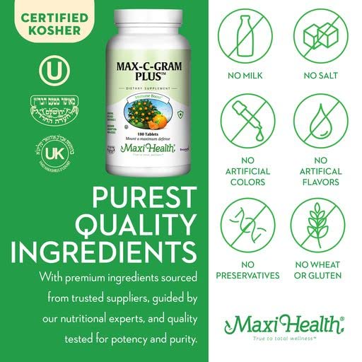 Lemon bioflavonoids with Maxi Health Max C Gram Plus support antioxidant potential.