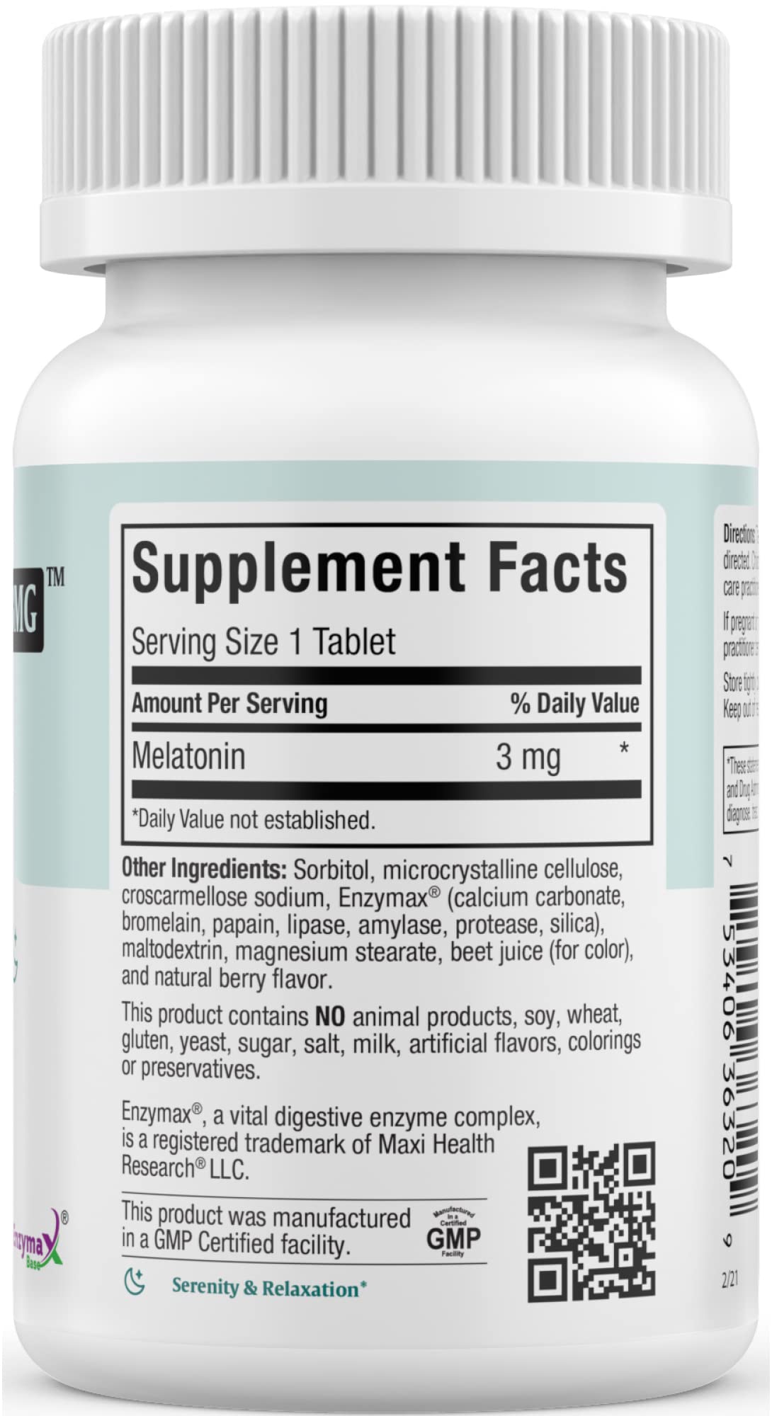 Maxi Health Mel-O-Chew tablet near dosing guide illustrating melatonin amount
